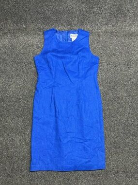Vintage Plaza South Sheath Dress 8 Blue Linen Cotton Tailored Midi Pencil Chic